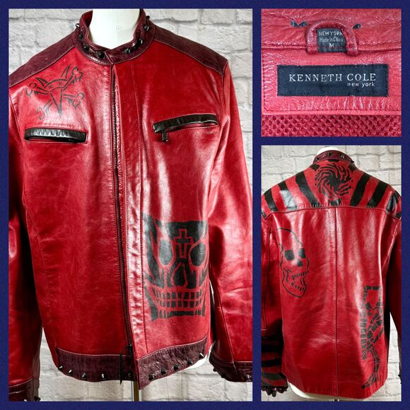 VTG Kenneth Cole Men's Red Upcycled Punk Leather Jacket Studded Skull Medium - Picture 1 of 16